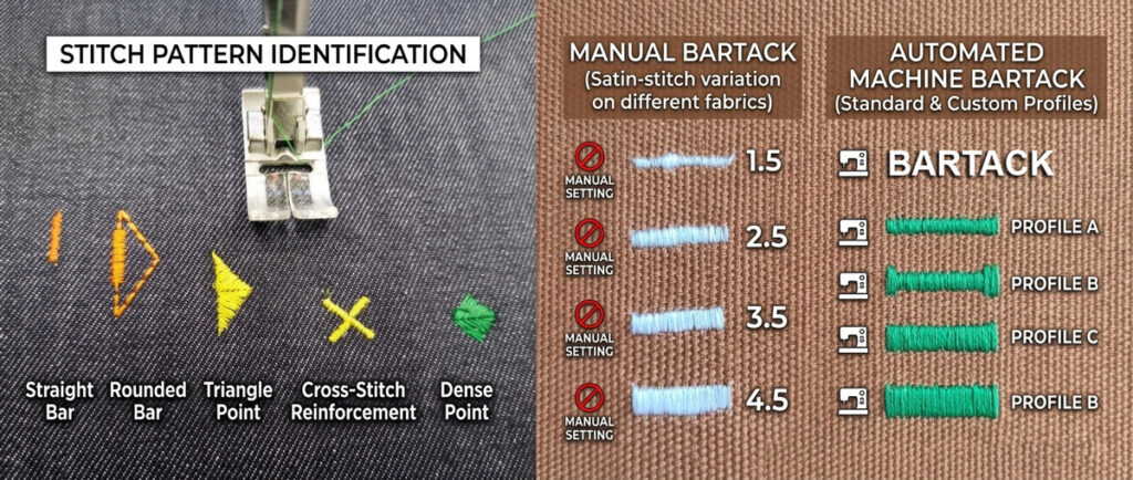 illustration of the different methods of creating a bartack on fabric