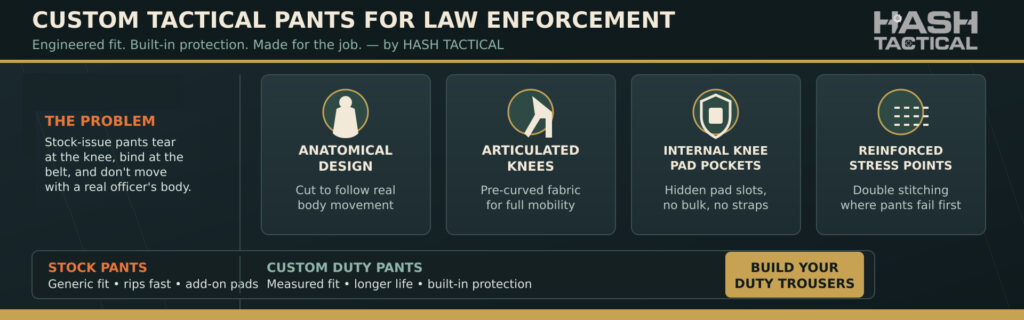 Infographic on custom tactical pants built for real police work