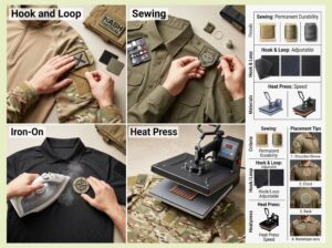 how to add patches to tactical shirts using hook and loop, sewing, iron-on, or heat press